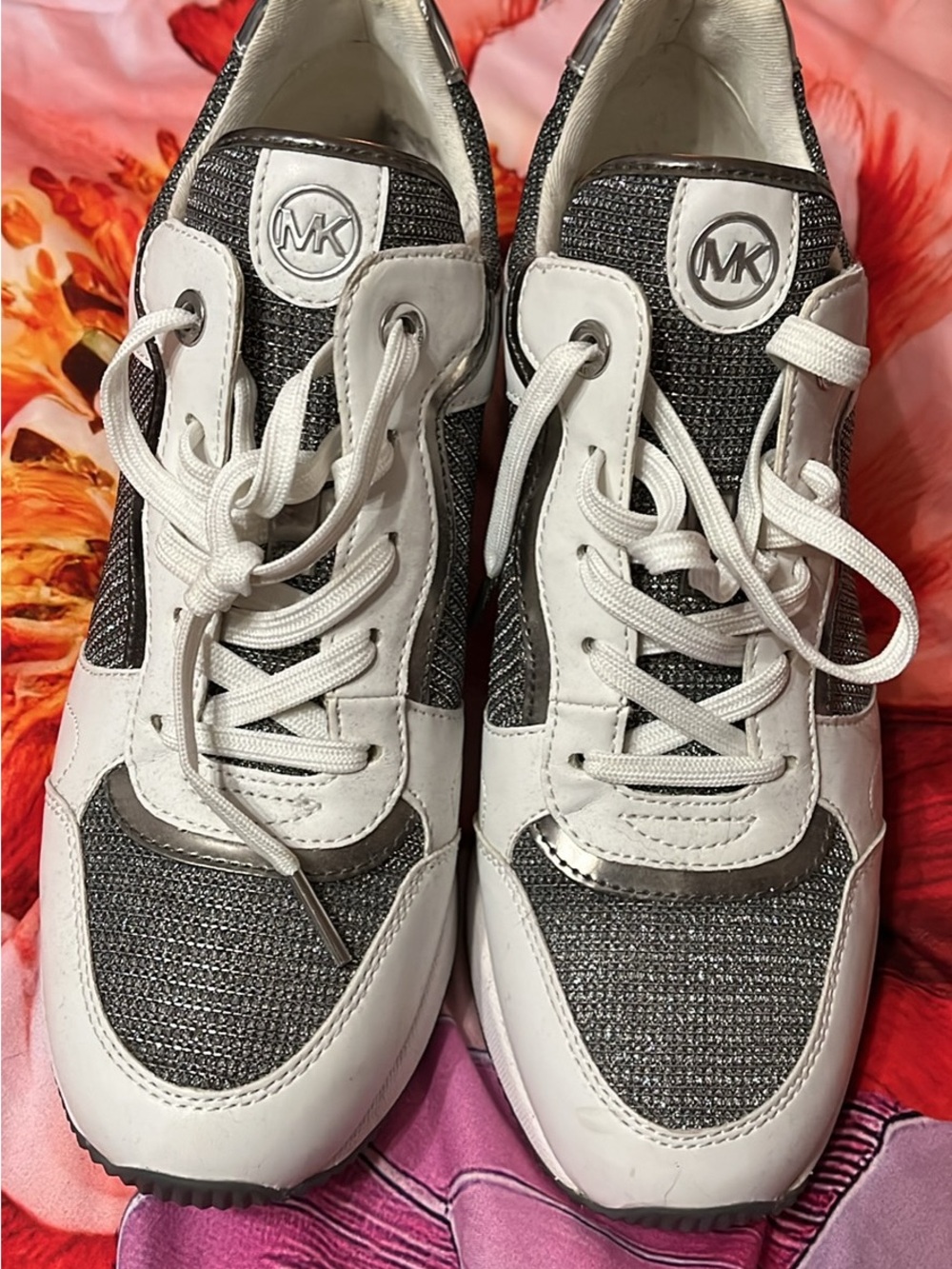 Michael Kors White and Silver Glitter Lace-Up Sneakers